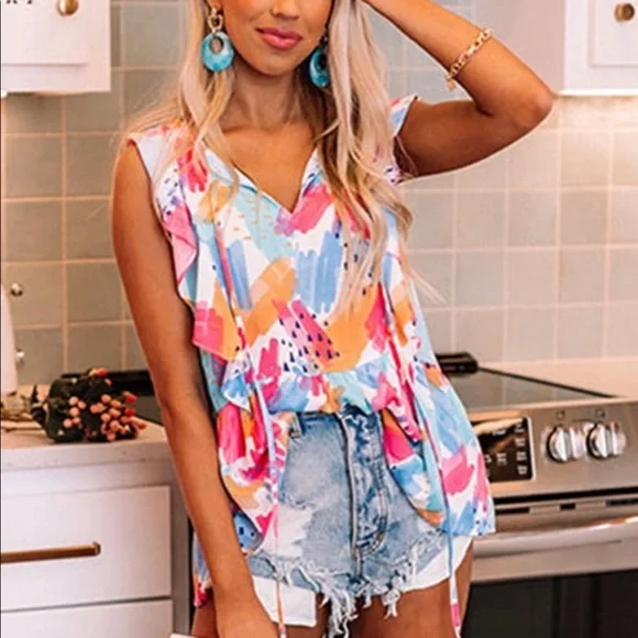 Abstract Print Ruffled Tank Top - Picture 5 of 5